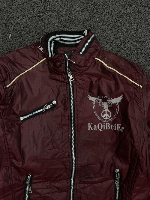 KaQiBeiEr Burgundy Zip-Up Jacket – Small Stains – Multiple Zip Pockets – Ribbed Collar & Cuffs