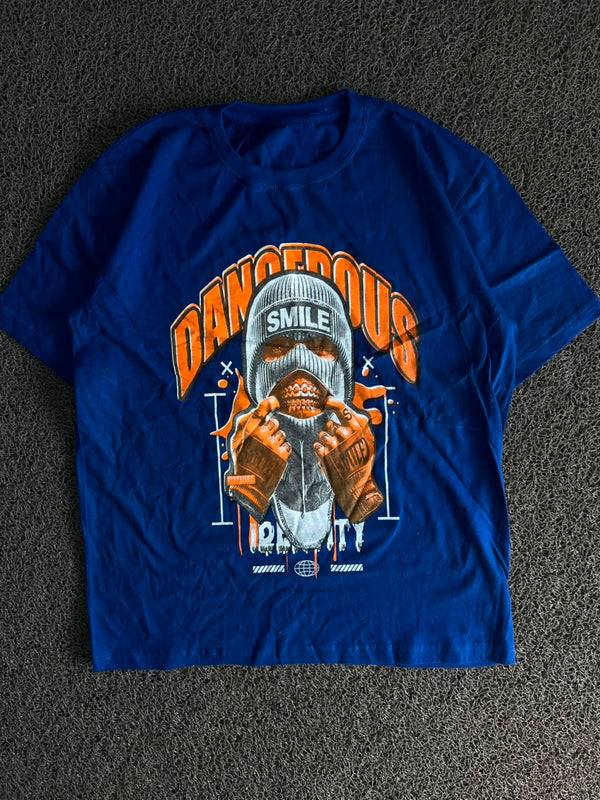 Dangerous Smile Graphic Print Blue T-Shirt