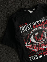 Vintage Black Graphic T-Shirt – Red & White Eye Print “Eyes of Betrayal” Design
