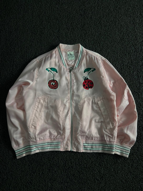 Cute Cherry & Ladybug Pink Bomber Jacket