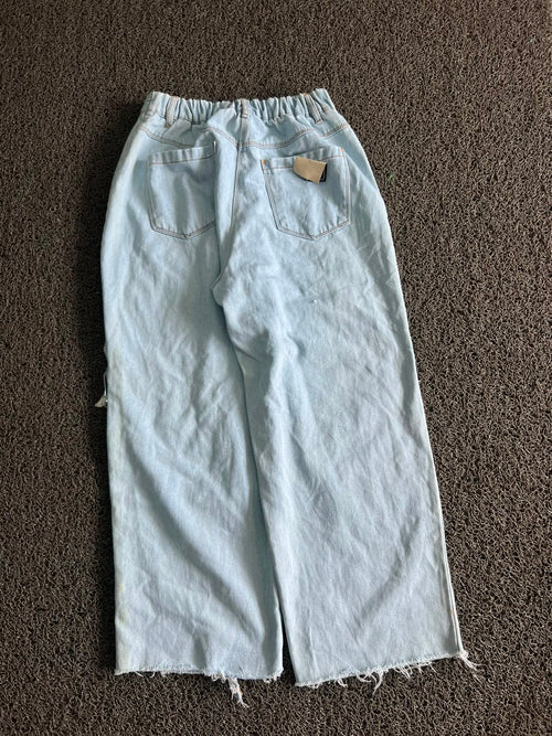 Vintage Light Wash Distressed Wide Leg Denim Jeans – Raw Hem Baggy Fit