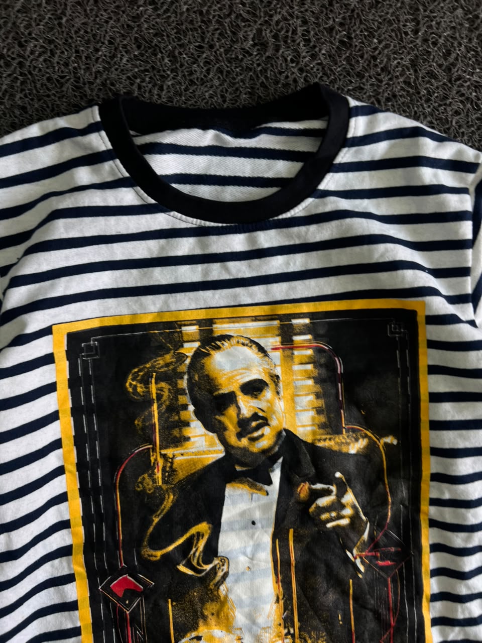 Black & White Striped Graphic T-Shirt with “The Godfather” Front Print