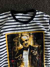 Black & White Striped Graphic T-Shirt with “The Godfather” Front Print