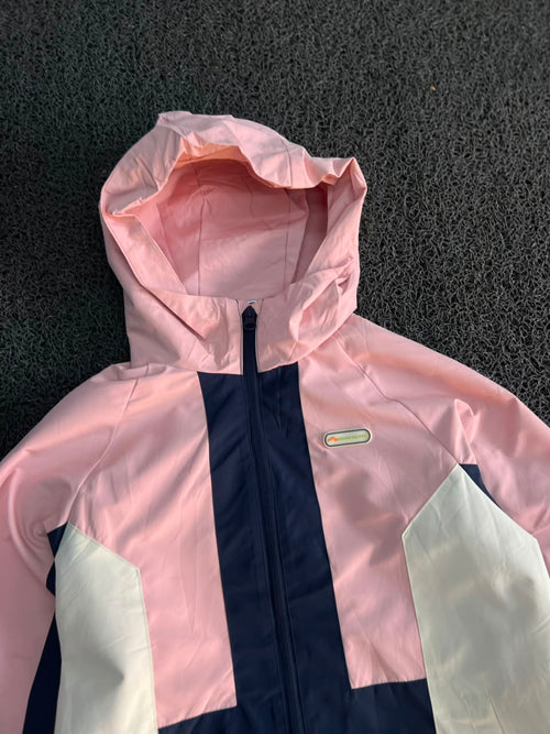 Colorblock Hooded Windbreaker Jacket – Pink / Navy / Cream Lightweight Zip-Up