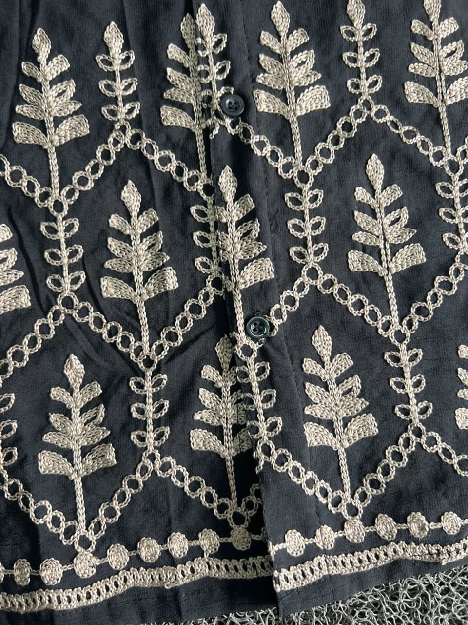 Black Embroidered Leaf Pattern Button-Up Oversized Shirt