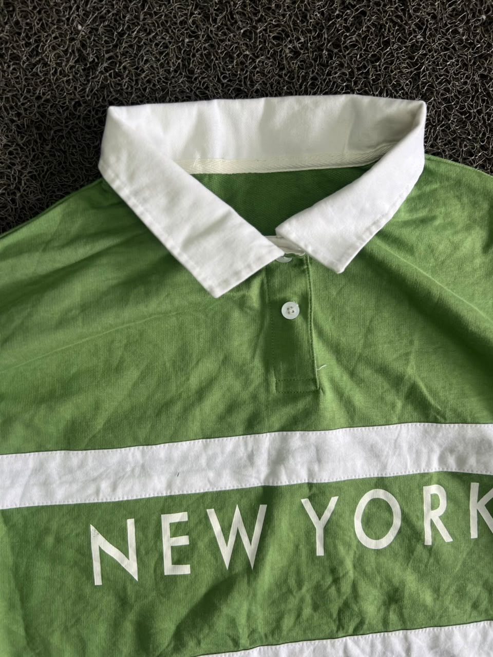 Green & White “New York” Striped Rugby-Style Polo T-Shirt