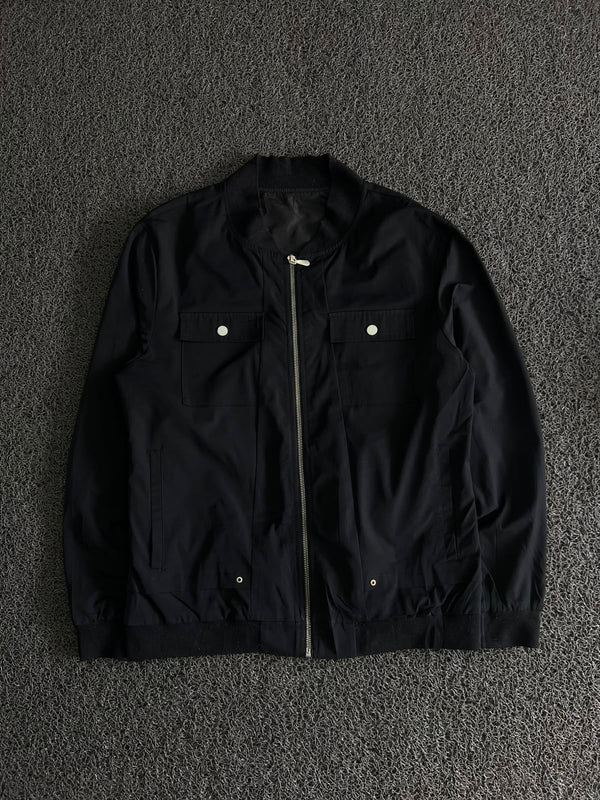 Black Utility Bomber Jacket with Multiple Pockets