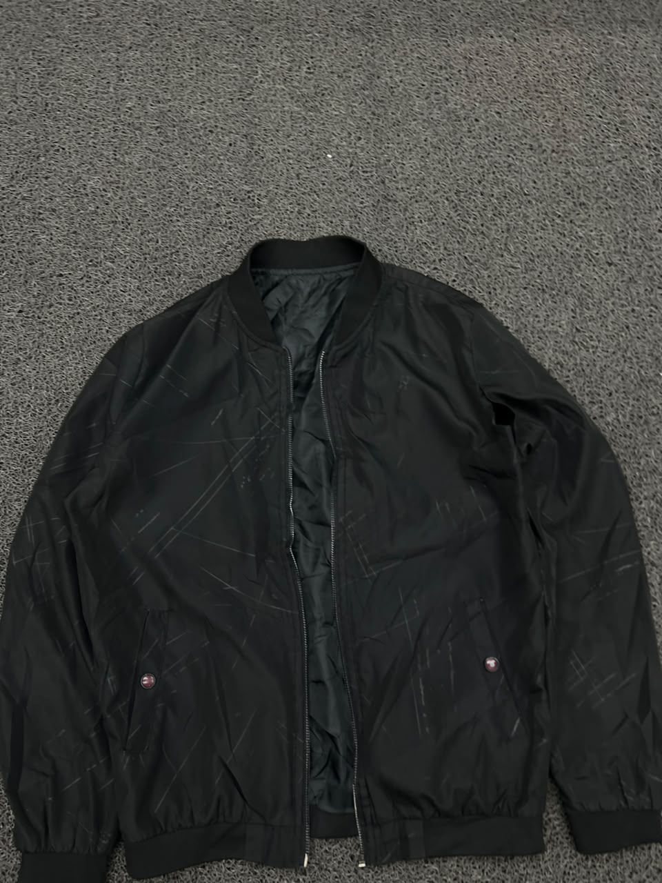 Black Bomber Jacket – Minimal Print | ⚠️ No Zip | Small Scratch