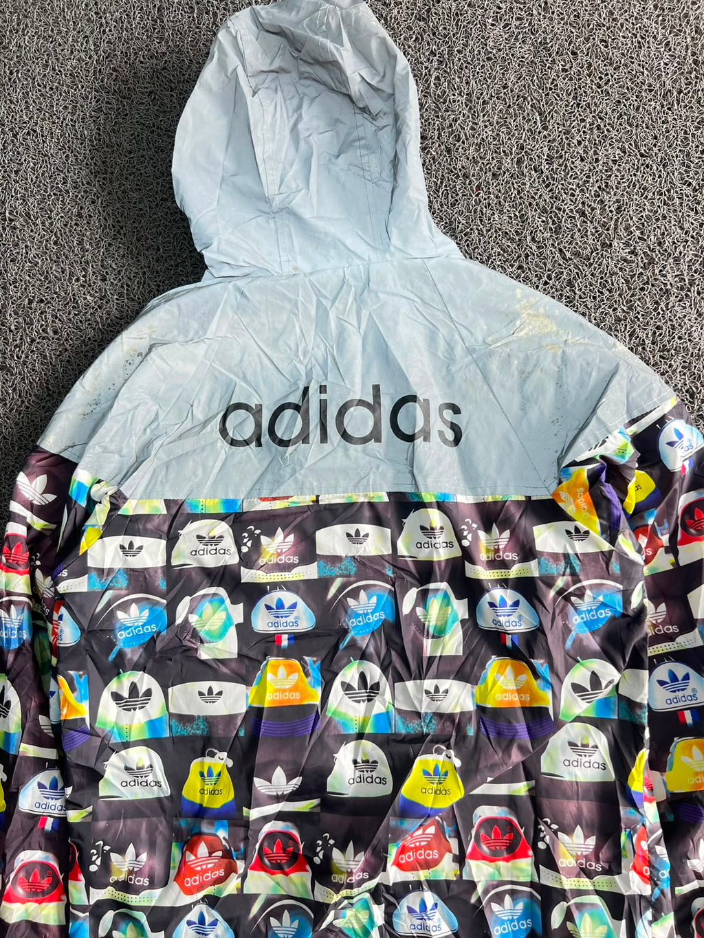 Adidas Allover Logo Print Hooded Jacket – ⚠️ Visible Stain