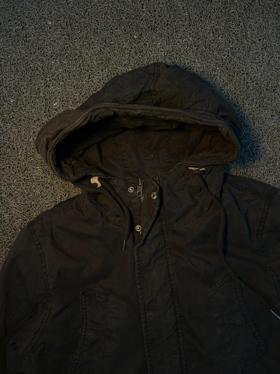 Vintage Black Hooded Military Parka Jacket with Utility Pockets & Sleeve Patch