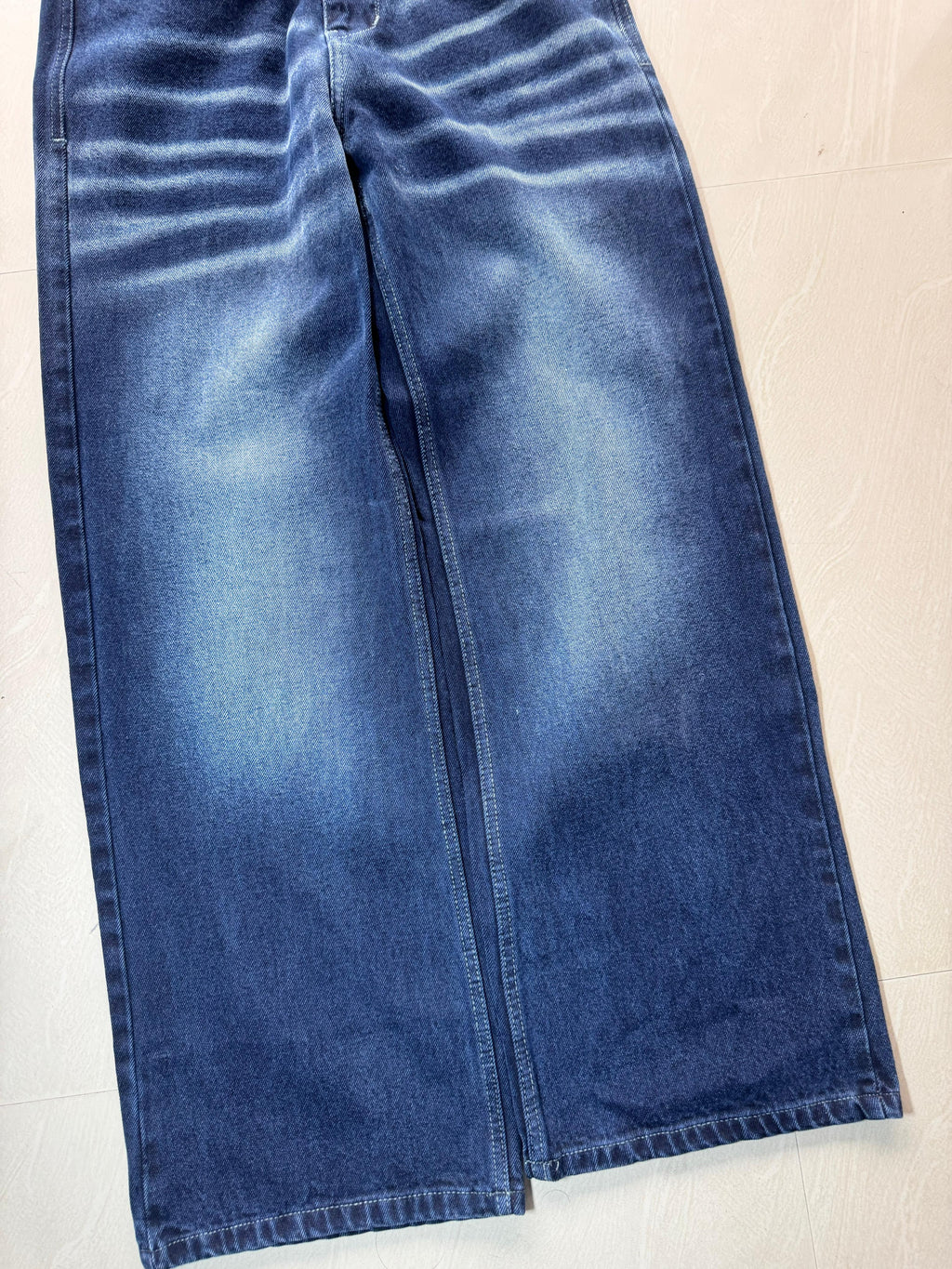 Men's Dark Blue Wide Leg Washed Jeans