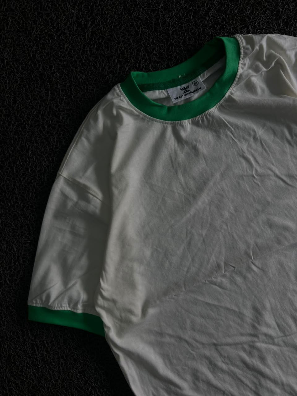 Off White T-Shirt with Green Contrast Collar & Sleeve Trim