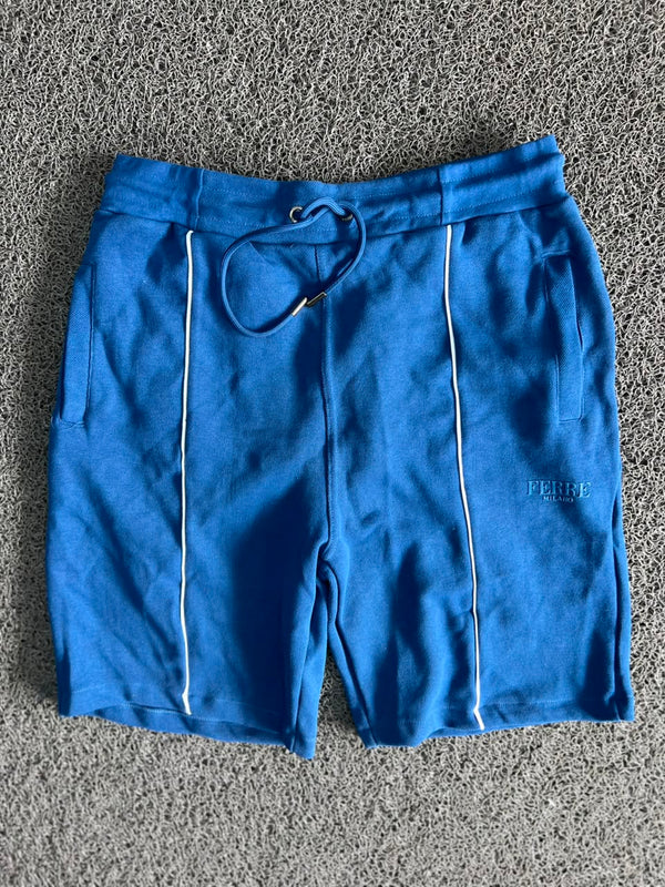 Ferre Milano Blue Drawstring Sweat Shorts – Men's Casual Cotton Lounge Shorts with White Piping