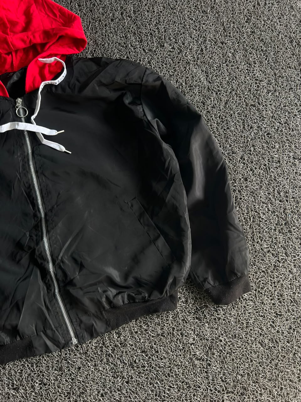 Black Hooded Bomber Jacket – Red Contrast Hood | Lightweight Zip-Up Windbreaker