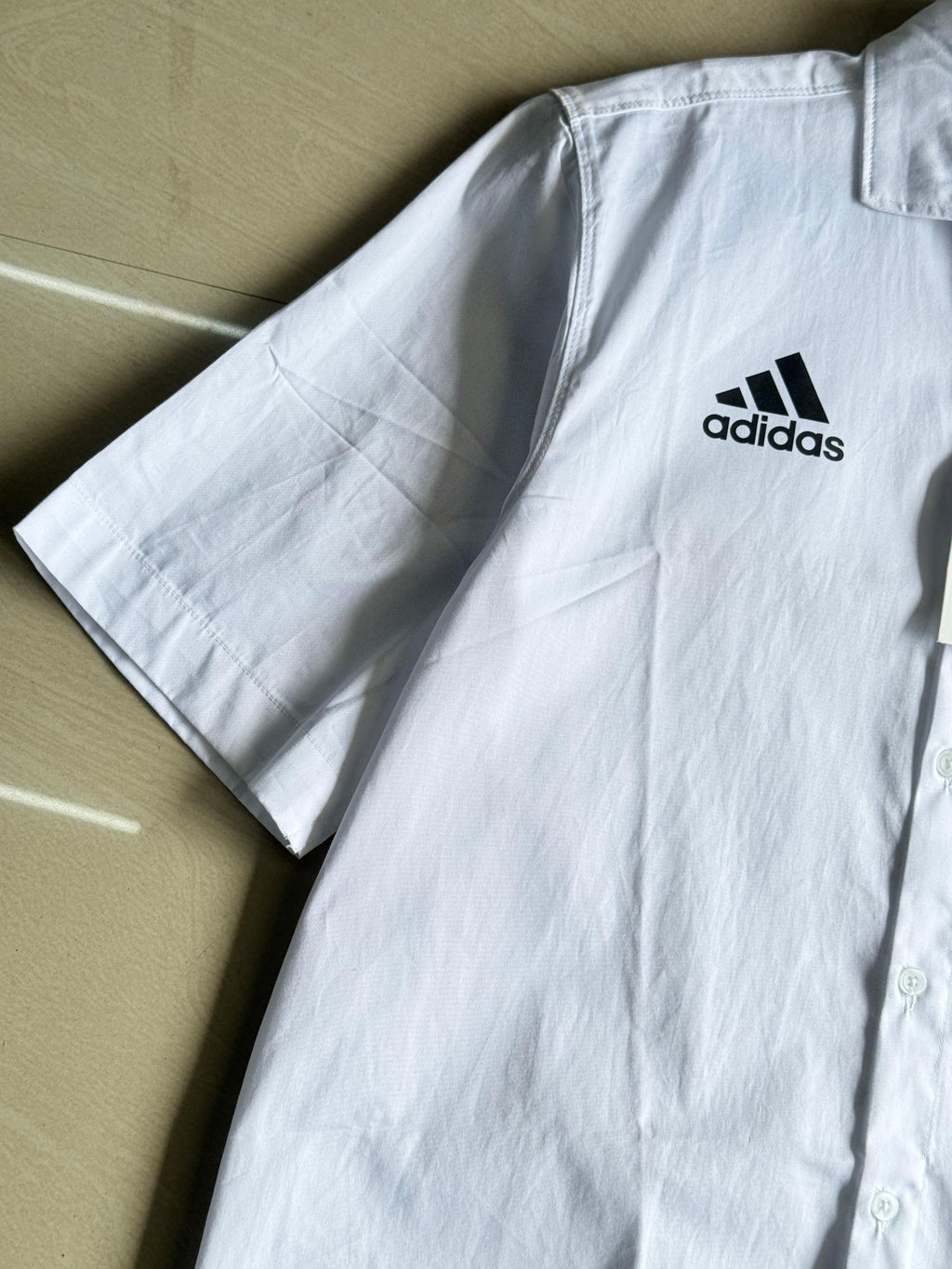 Real Madrid White Short Sleeve Button-Up Shirt with Adidas Logo