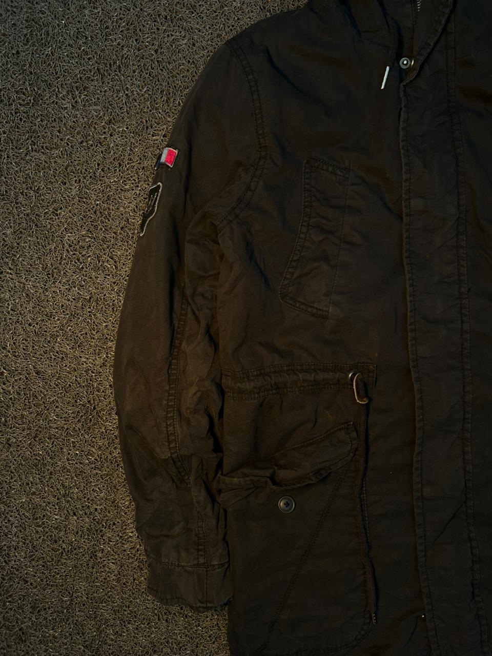 Vintage Black Hooded Military Parka Jacket with Utility Pockets & Sleeve Patch