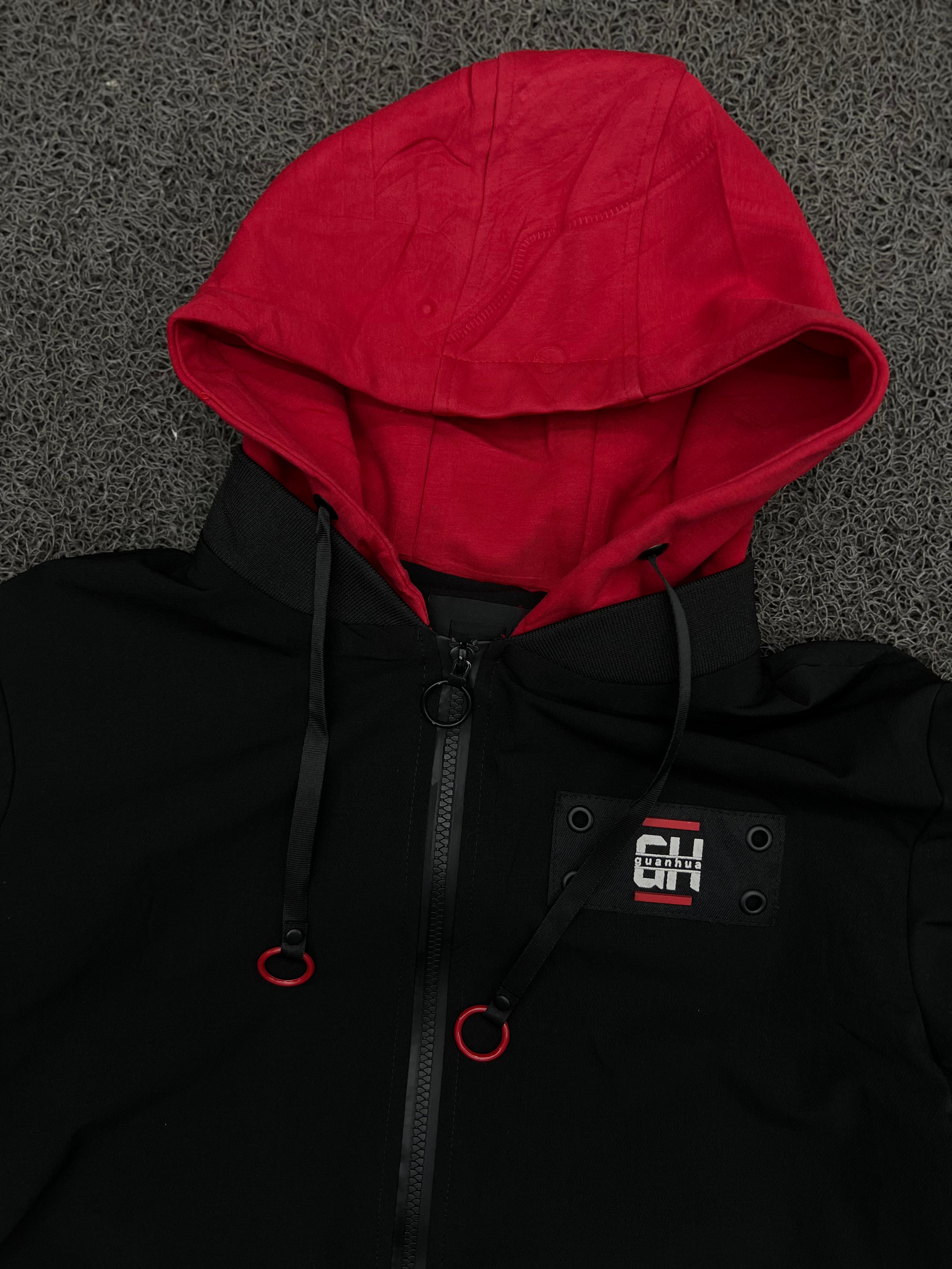 Black & Red Hooded Utility Zip Jacket – Streetwear Graphic Sleeve Windbreaker