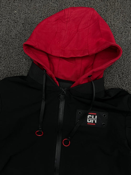 Black & Red Hooded Utility Zip Jacket – Streetwear Graphic Sleeve Windbreaker