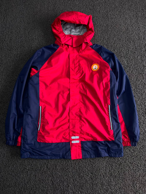 Vintage Hooded Waterproof Outdoor Rain Jacket – Red/Navy Full Zip Windbreaker