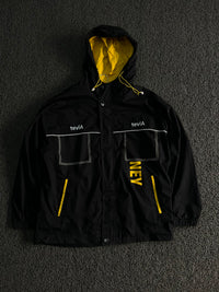 TeviA Black & Yellow Hooded Windbreaker Jacket – Lightweight Outdoor Jacket ⚠️ No Front Zip, Small Damage