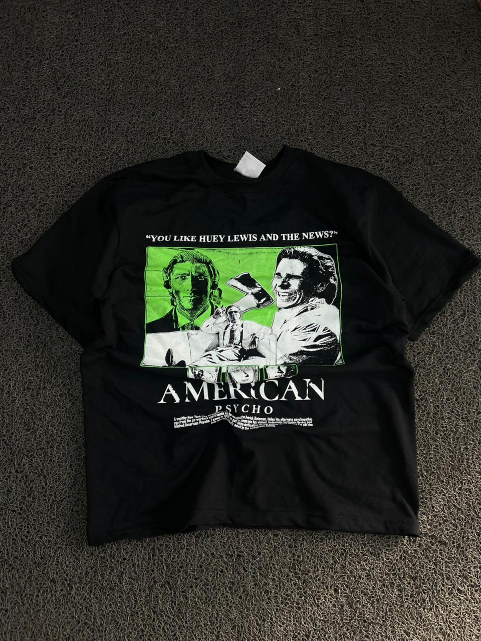 American Psycho Huey Lewis Graphic Oversized Black T-Shirt