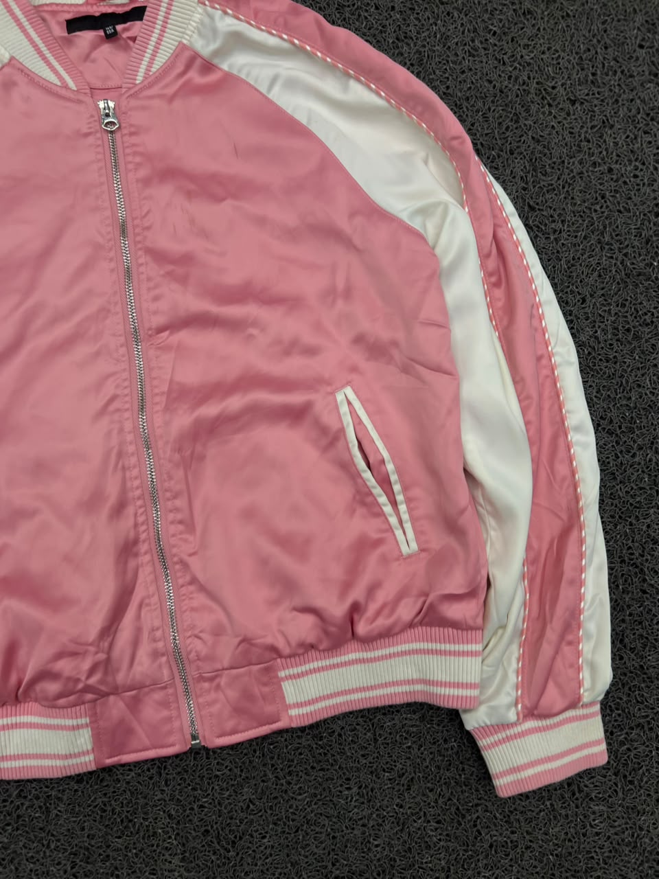 Pink & White Satin Bomber Jacket – Zip-Up Varsity Style