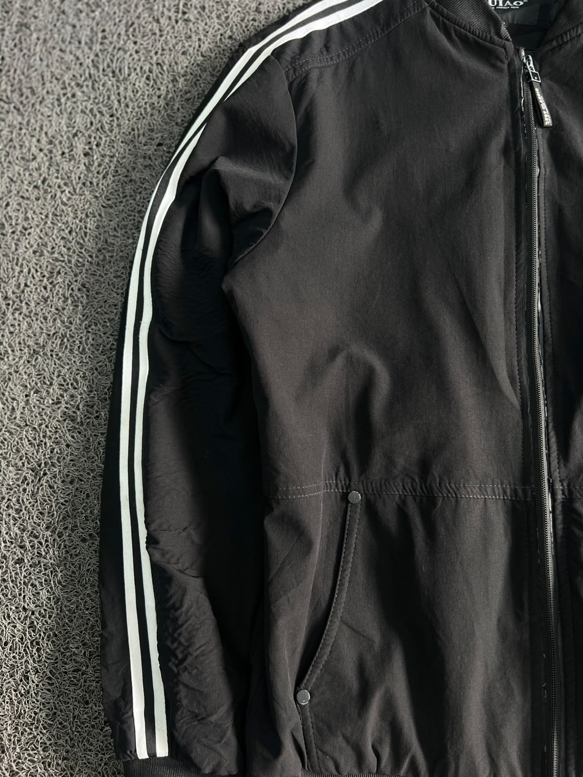 RUIAO Black Stripe Track Jacket – Full Zip Casual Bomber | Black/White