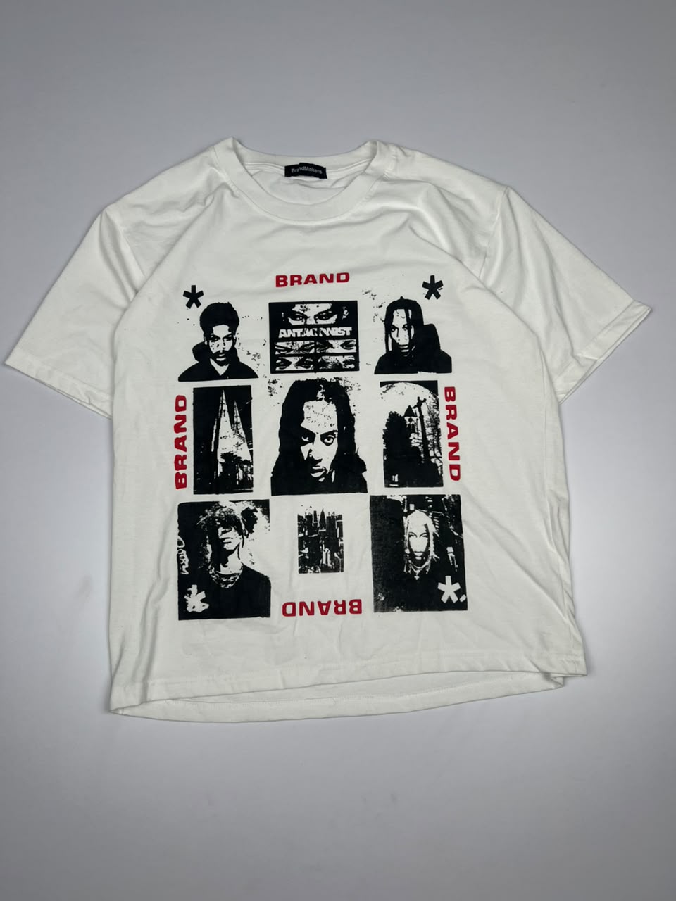 Graphic T-Shirt with Black Portrait Prints and Red Brand Text – Streetwear Style