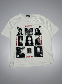 Graphic T-Shirt with Black Portrait Prints and Red Brand Text – Streetwear Style