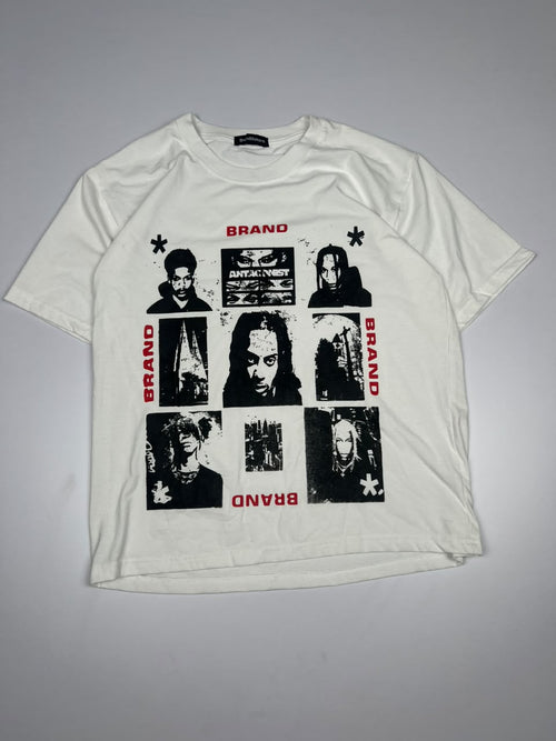 Graphic T-Shirt with Black Portrait Prints and Red Brand Text – Streetwear Style