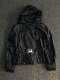 Black Hooded Belted Jacket ⚠️ Small Scratch  – Zip Front Casual Outerwear