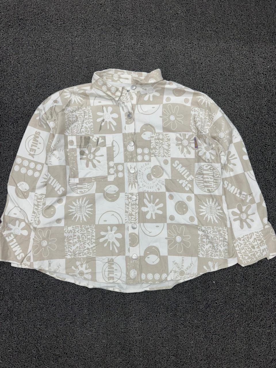 Smiley Print Checkered Oversized Shirt in Beige ⚠️ Small Stains