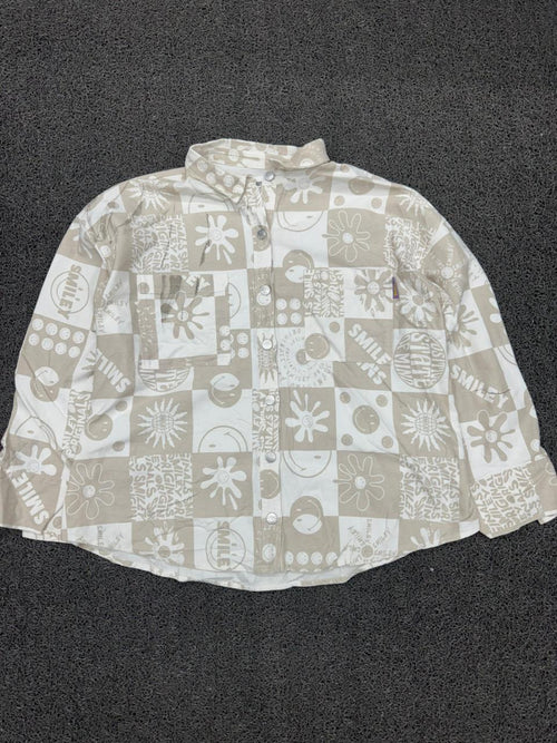 Smiley Print Checkered Oversized Shirt in Beige ⚠️ Small Stains