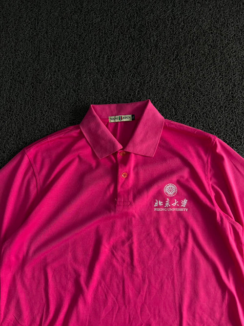 Vintage Peking University Embroidered Pink Polo Shirt – Classic Collared Tee