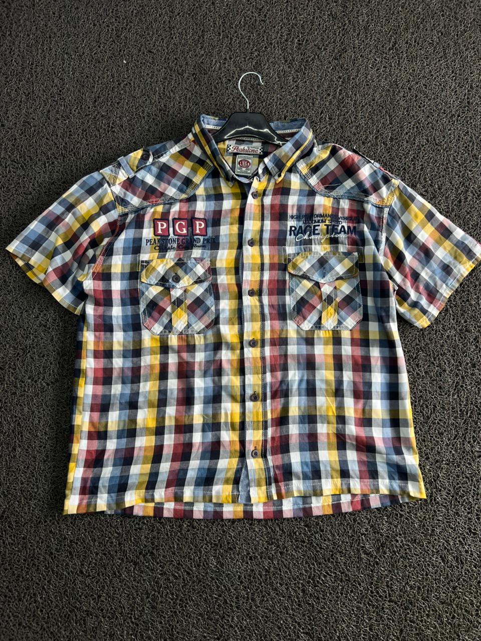 Thrift Peakstone Grand Prix Plaid Short Sleeve Button-Up Shirt