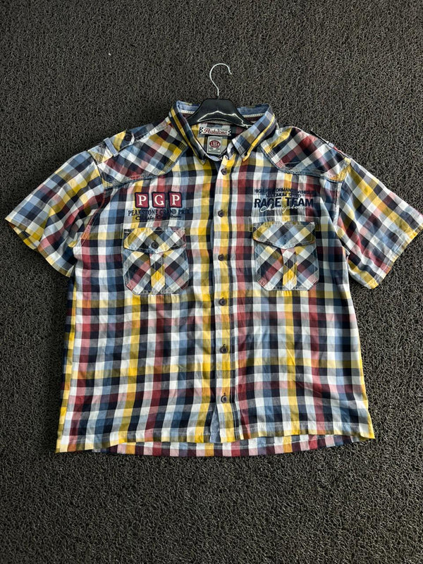 Thrift Peakstone Grand Prix Plaid Short Sleeve Button-Up Shirt