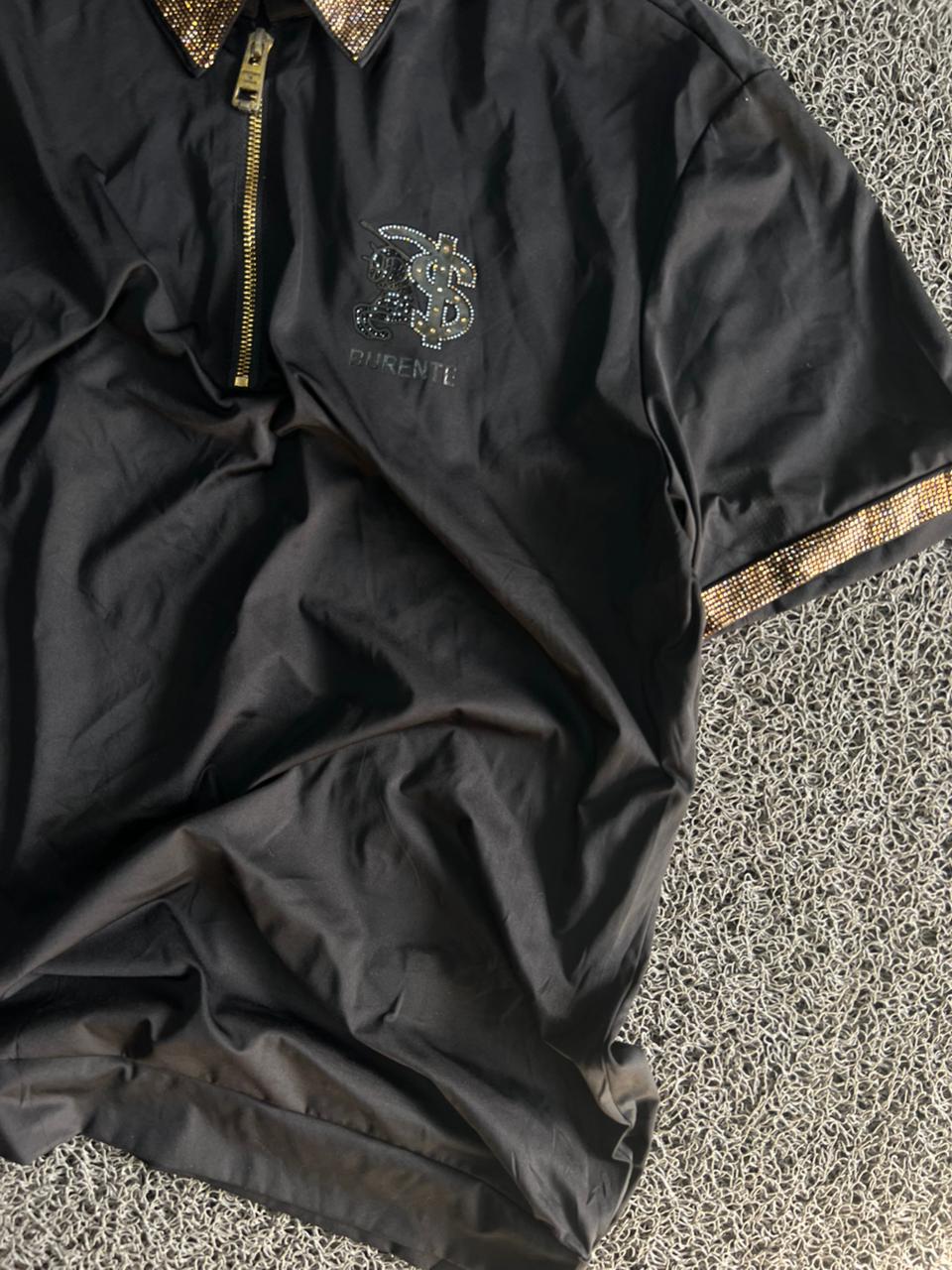 Premium Black Half-Zip Polo T-Shirt with Rhinestone Collar & Embroidered Logo