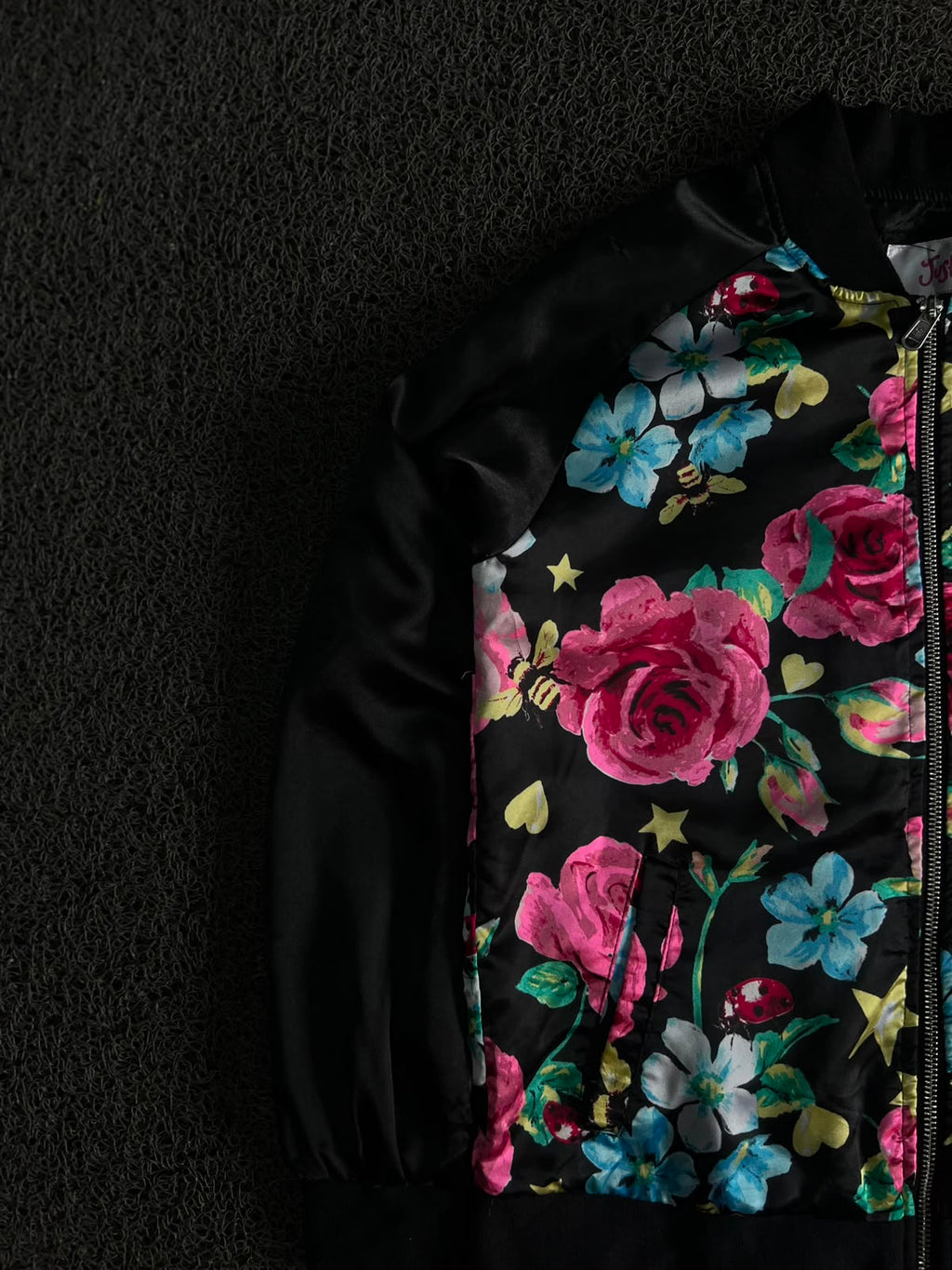 Black Floral Bomber Jacket with Full Zip