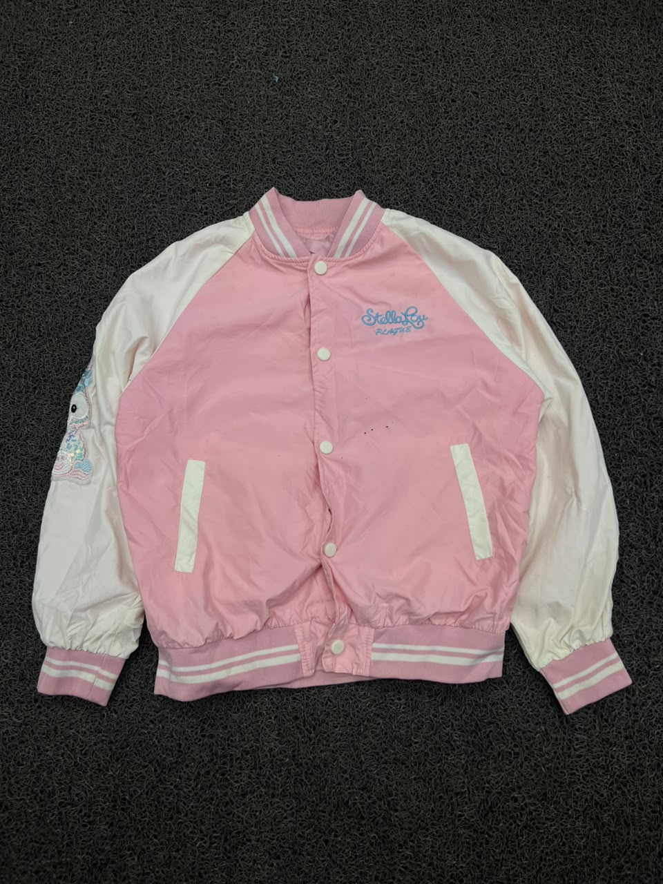 Pink & White Varsity Bomber Jacket – Snap Button Casual Baseball Jacket