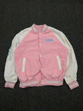 Pink & White Varsity Bomber Jacket – Snap Button Casual Baseball Jacket