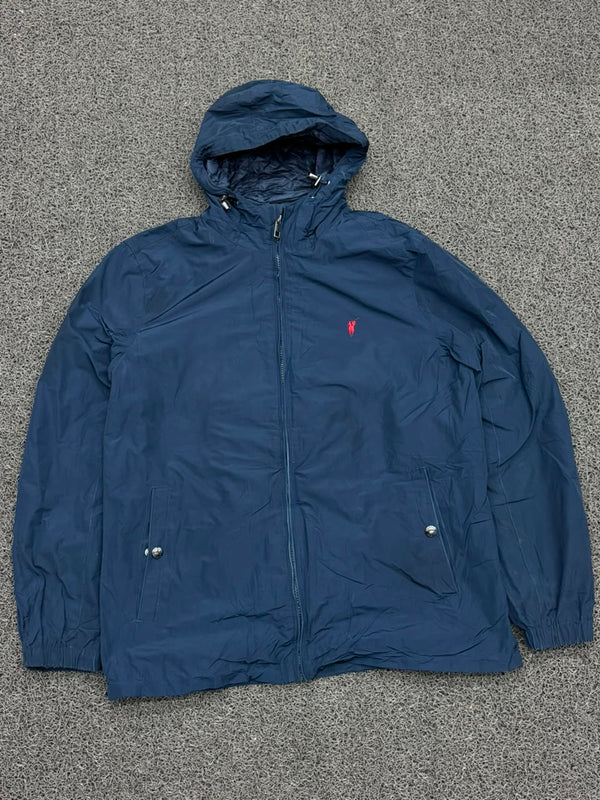 Vintage Navy Blue Hooded Windbreaker Jacket