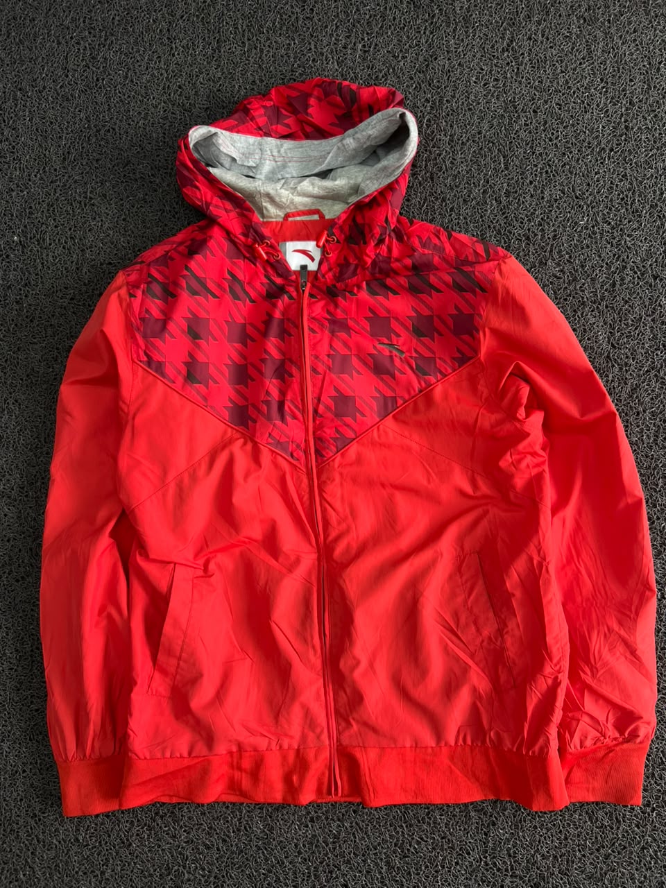 Red Geometric Hooded Windbreaker Jacket