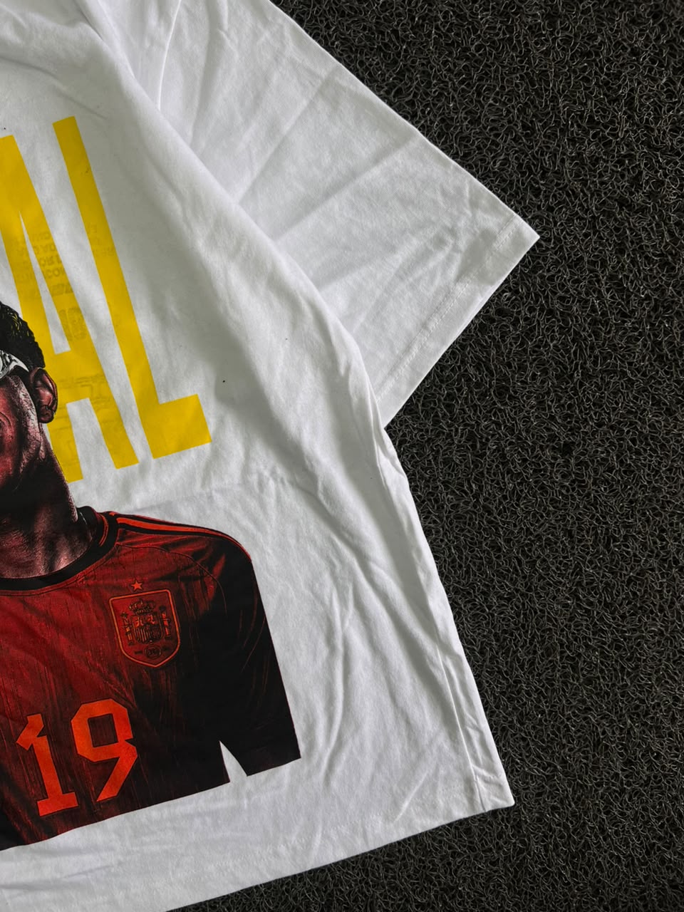 White Graphic T-Shirt with Yellow “YAMAL” Print & Football Player Graphic