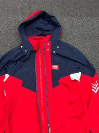 Red & Navy Hooded Windbreaker Jacket – Lightweight Zip-Up Outdoor Jacket⚠️ Small Damage