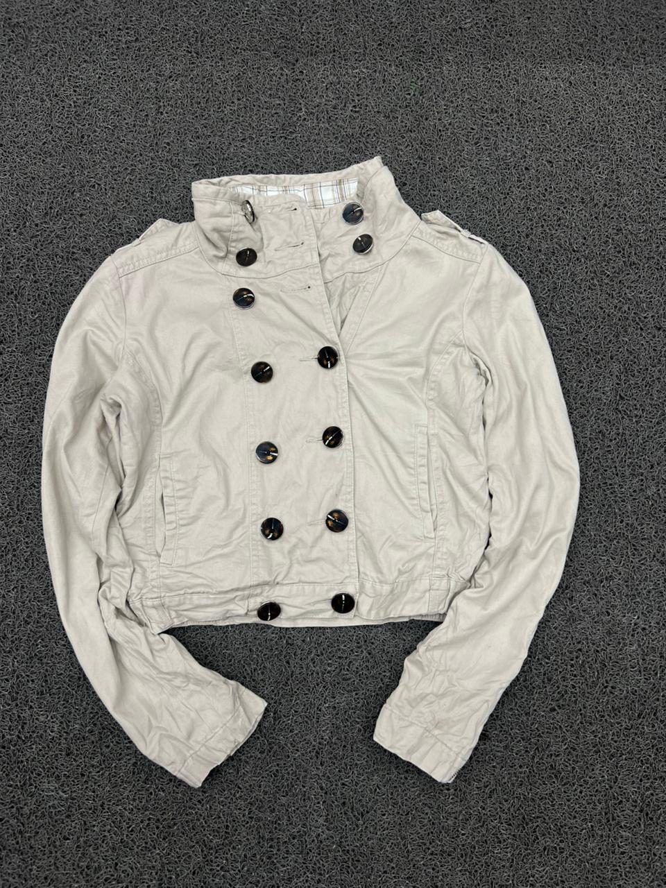 Beige Double-Breasted Cropped High Neck Jacket