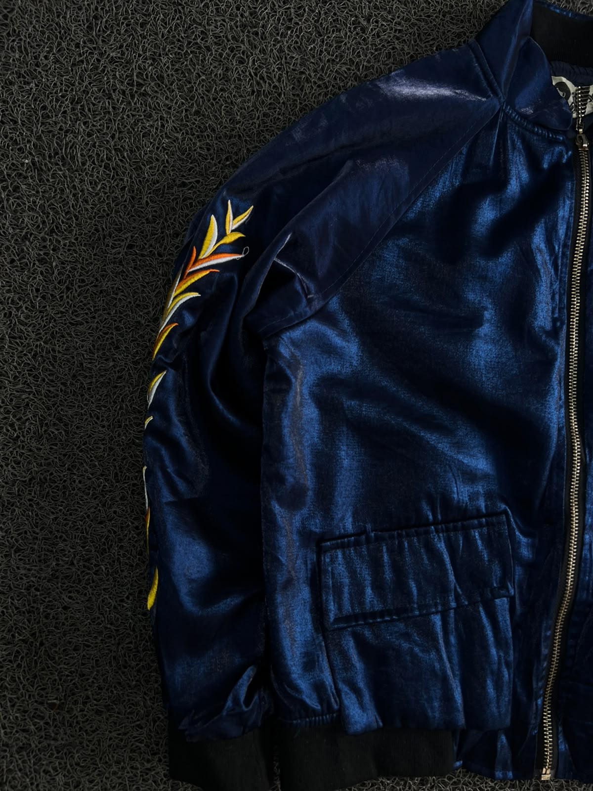 Vintage Blue Satin Embroidered Bomber Jacket – Full Zip Streetwear Jacket