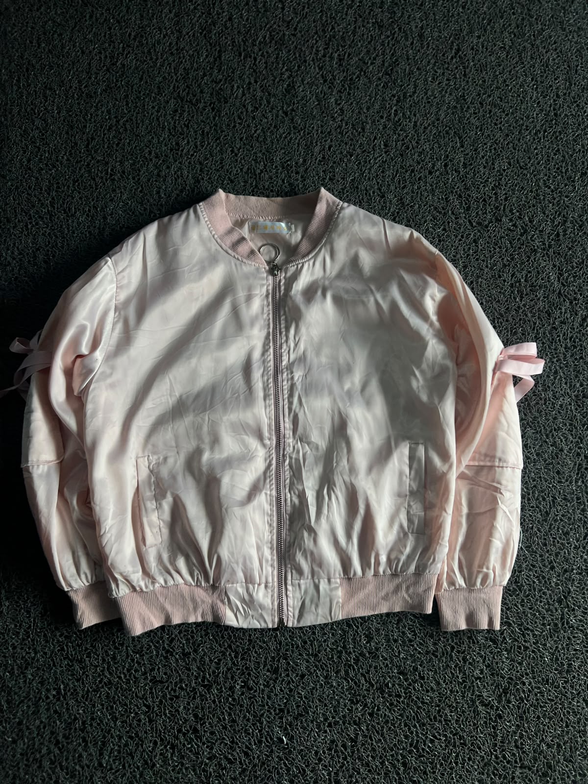 Blush Pink Satin Bomber Jacket with Bow Sleeve Detail