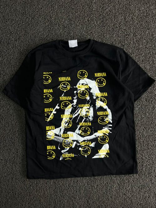 Nirvana Graphic Print T-Shirt with Yellow Smiley Design