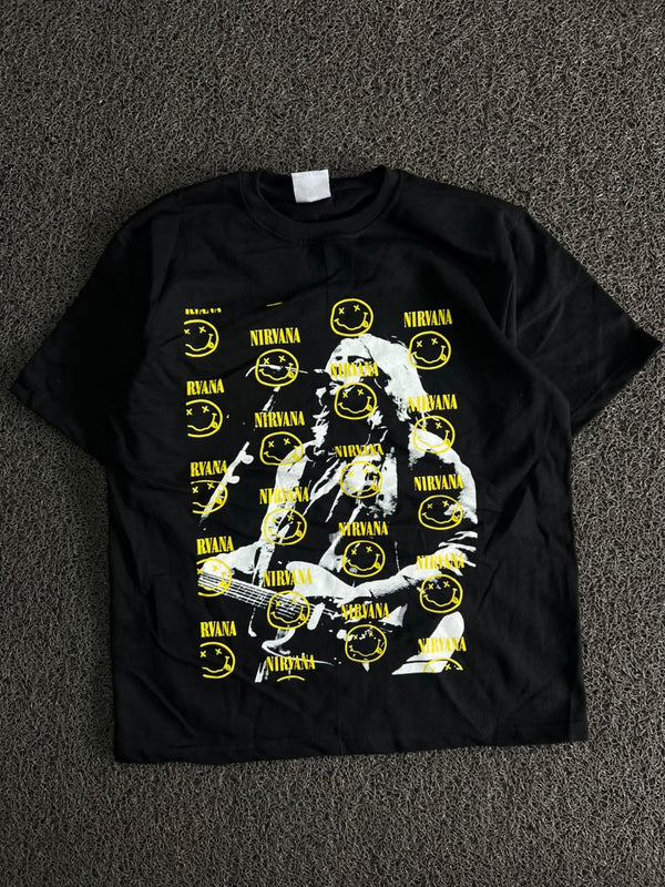 Nirvana Graphic Print T-Shirt with Yellow Smiley Design