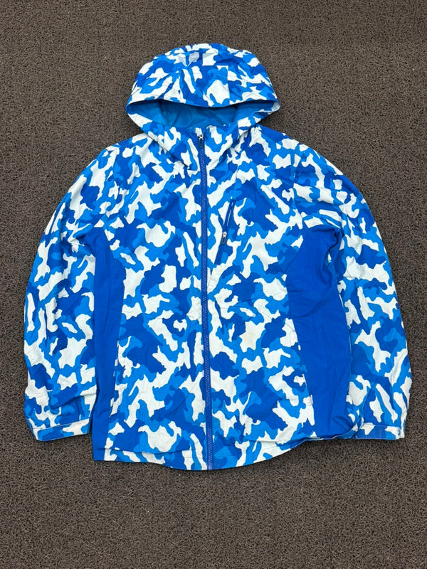Men's Blue Camo Hooded Windbreaker Jacket – Lightweight Full-Zip Outdoor Coat